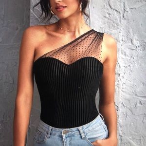 One Shoulder mesh velvet top